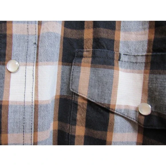 Wrangler Mens Western Shirt Large Plaid Pearl Snap Long Sleeve Black Brown - Picture 2 of 6
